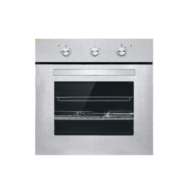 XGEO-70-1-S 60-liter gas and electric built-in oven with 3-layer glass door, convection fan, manual knob controls, and stainless steel interior.