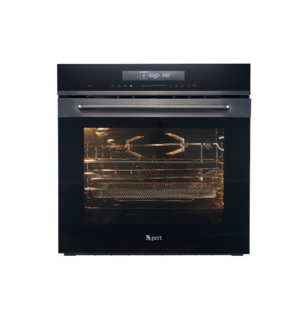 XRB-73-N 75-liter built-in electric oven with air fry, 14 cooking functions, convection fan, soft-close door, and black tempered glass design.
