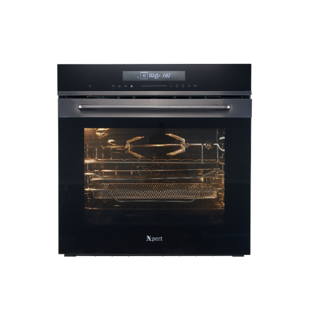 XRB-73-N 75-liter built-in electric oven with air fry, 14 cooking functions, convection fan, soft-close door, and black tempered glass design.
