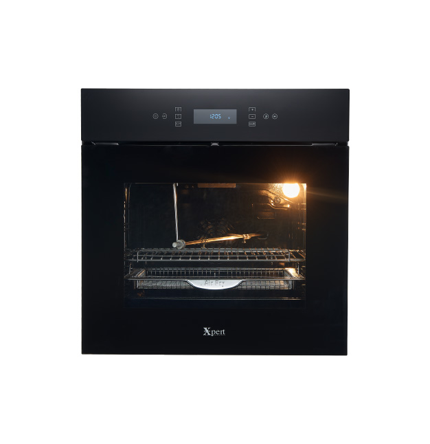 XRB-75-L-N 75-liter built-in electric oven with air fry, 14 cooking functions, soft-close door, LED display, and black tempered glass finish.