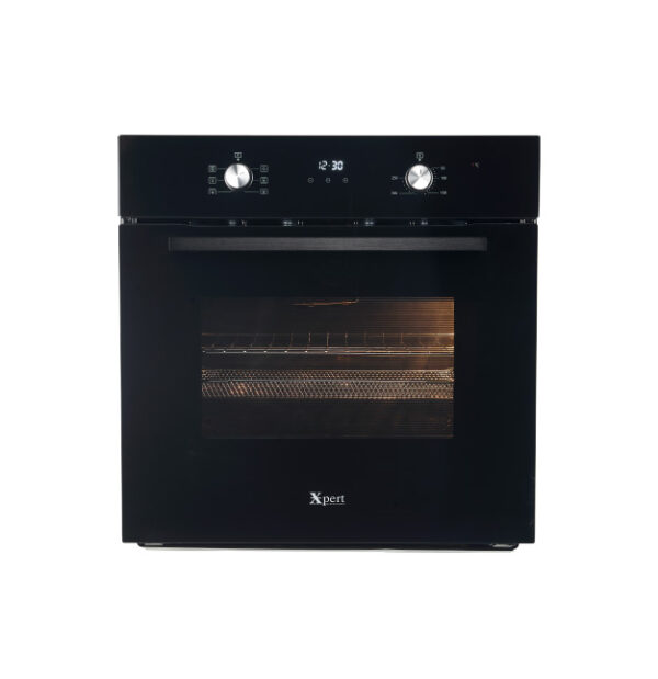XRB-95-B-N 69-liter built-in electric oven with air fry, convection fan, LED display, rotisserie motor, and stainless steel black interior.
