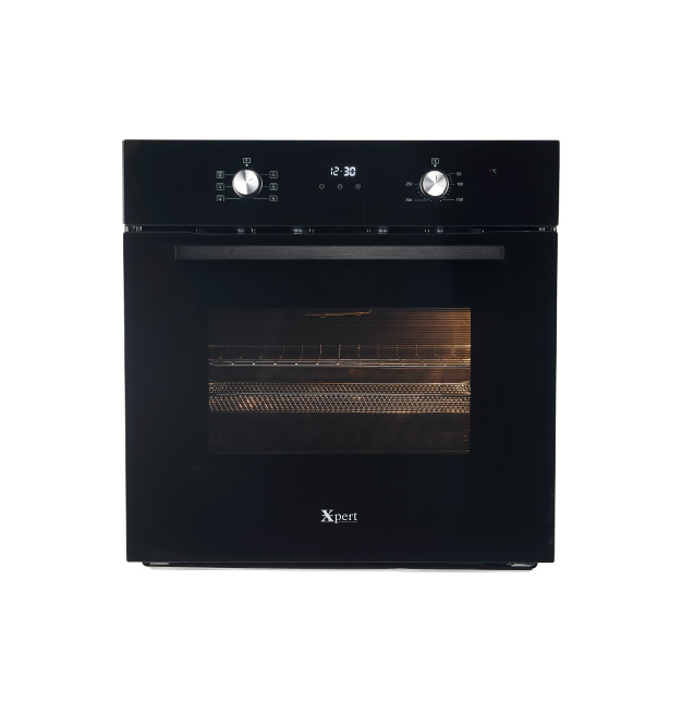XRB-95-B-N 69-liter built-in electric oven with air fry, convection fan, LED display, rotisserie motor, and stainless steel black interior.