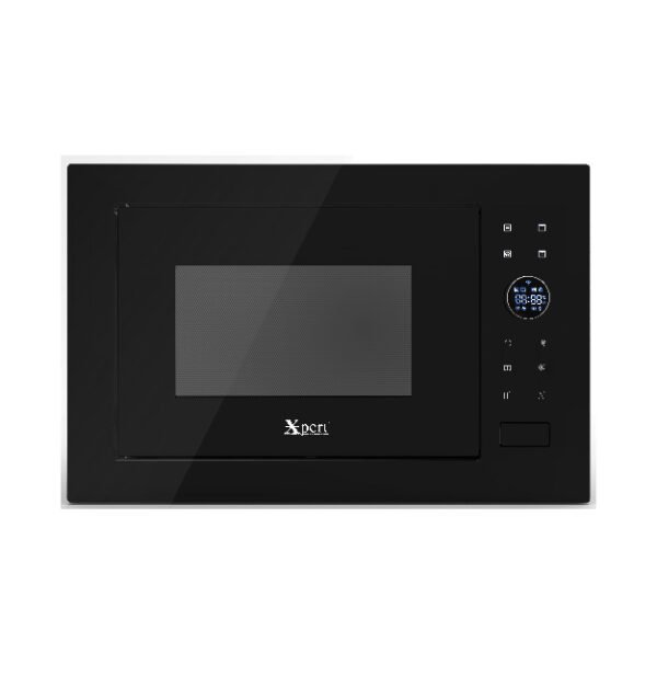 XNM-25-X 25-liter built-in microwave oven in sleek black glass finish with digital controls, convection grilling, and energy-efficient performance.
