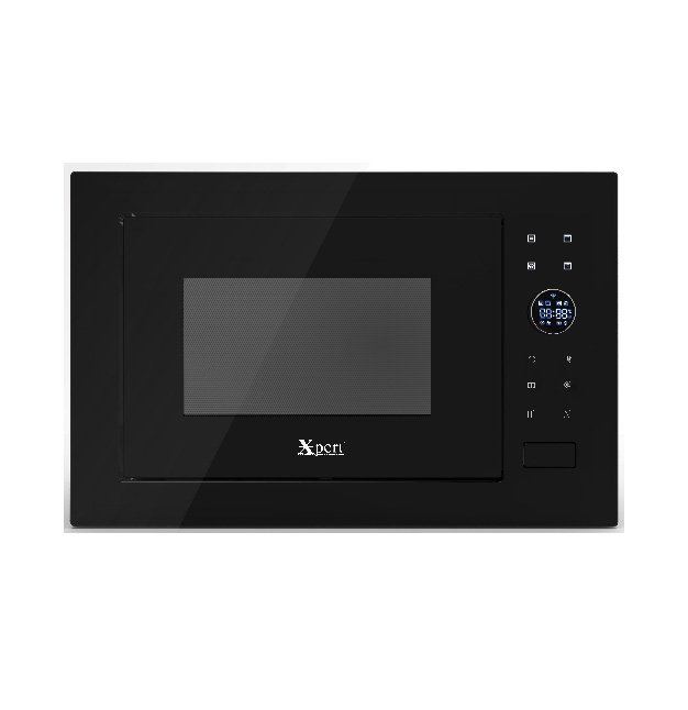 XNM-25-X 25-liter built-in microwave oven in sleek black glass finish with digital controls, convection grilling, and energy-efficient performance.
