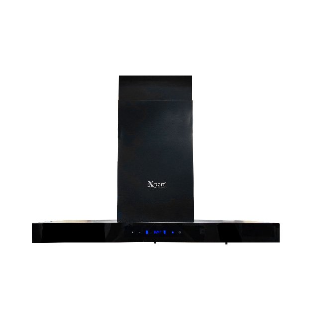 XIR 90 T island kitchen hood with 35-inch black tempered glass, matte finish, LED lights, and touch hand sensor control