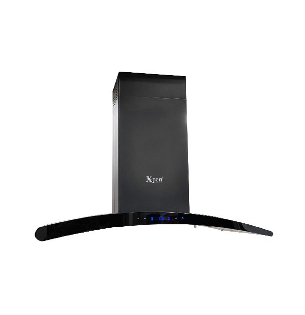 XIR 90 U island kitchen hood with 35-inch tempered glass, matte black finish, LED lights, and touch sensor control