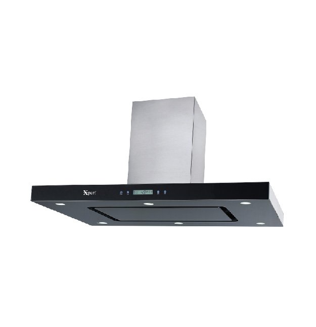 XISL 96 B 35-inch island kitchen hood with black tempered glass, LED lights, touch sensors, and exhaust system