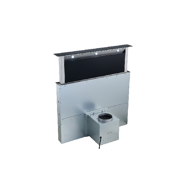X-D-D-190 35-inch down-draft tempered glass exhaust hood with hand sensor touch, LED lights, delay timer, and 9-speed copper motor.