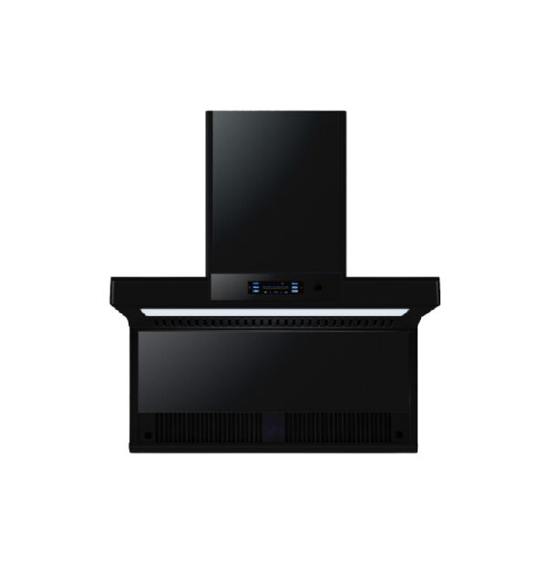 XR-3500-N wall-mounted tempered glass exhaust hood with touch sensors, 3D LED lights, auto cleaner, and 35-inch sleek black SS 304 body.