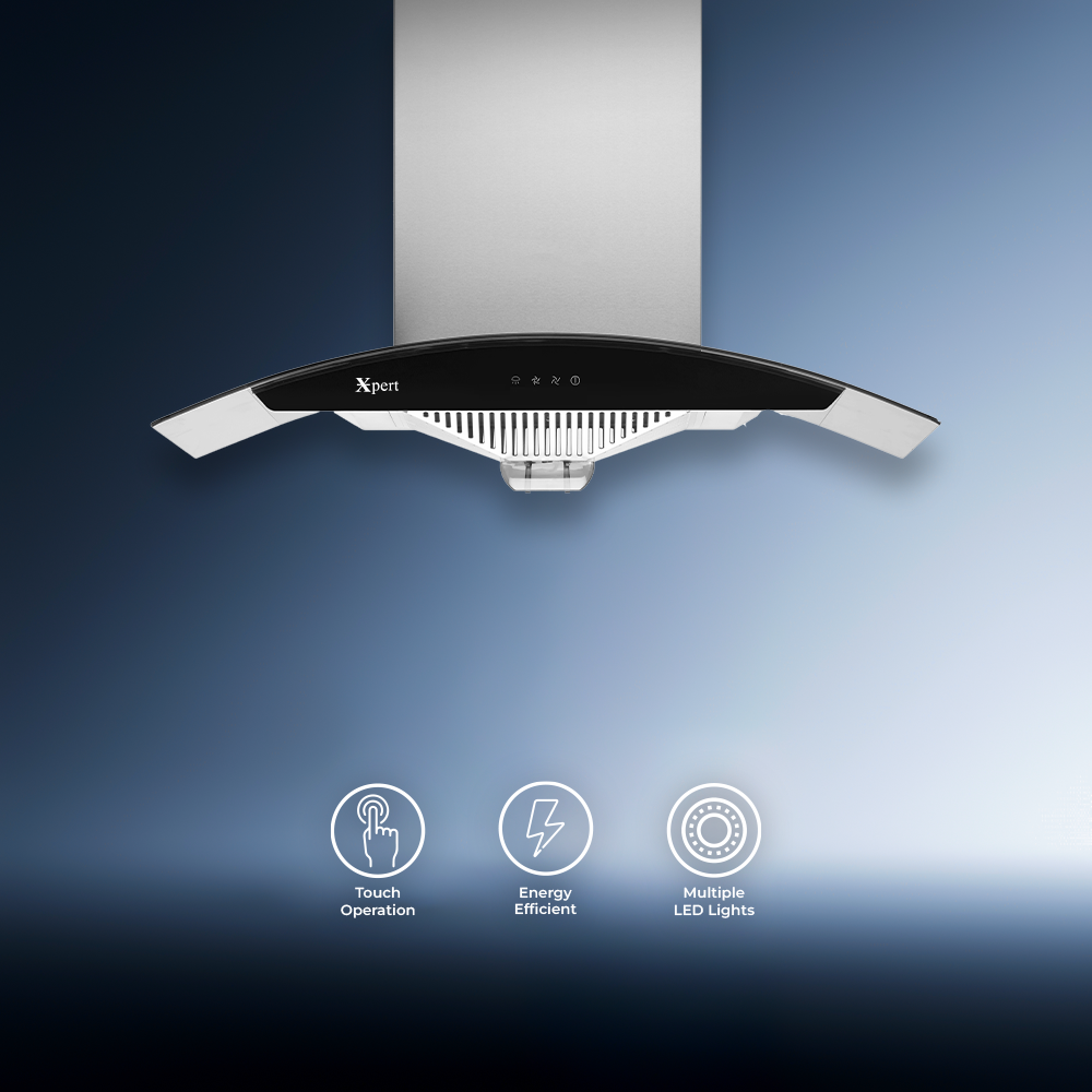 XG-15 30-inch wall-mounted tempered glass exhaust hood with touch operation, LED light, delay timer, and open filter design.